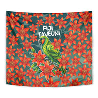 Fiji Taveuni Parrot Tapestry Tropical Waterfall Landscape With Floral Tribal Pattern