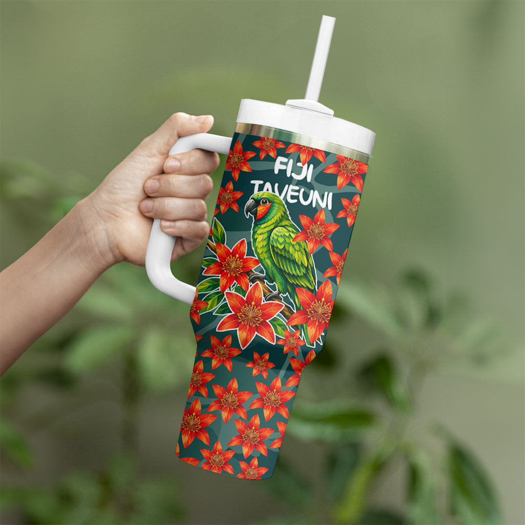 Fiji Taveuni Parrot Tumbler With Handle Tropical Waterfall Landscape With Floral Tribal Pattern