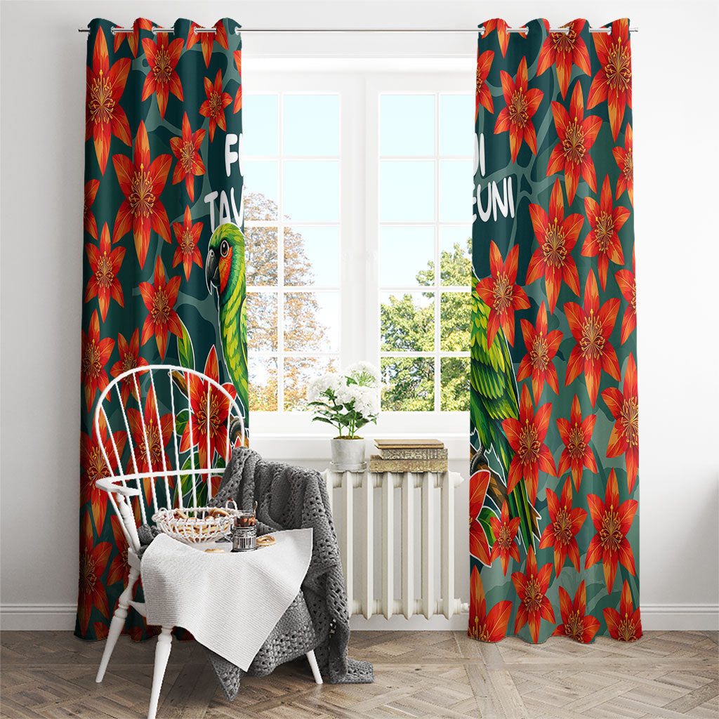Fiji Taveuni Parrot Window Curtain Tropical Waterfall Landscape With Floral Tribal Pattern