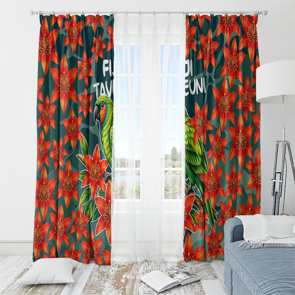 Fiji Taveuni Parrot Window Curtain Tropical Waterfall Landscape With Floral Tribal Pattern
