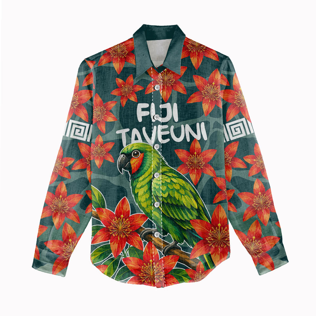 Fiji Taveuni Parrot Women Casual Shirt Tropical Waterfall Landscape With Floral Tribal Pattern