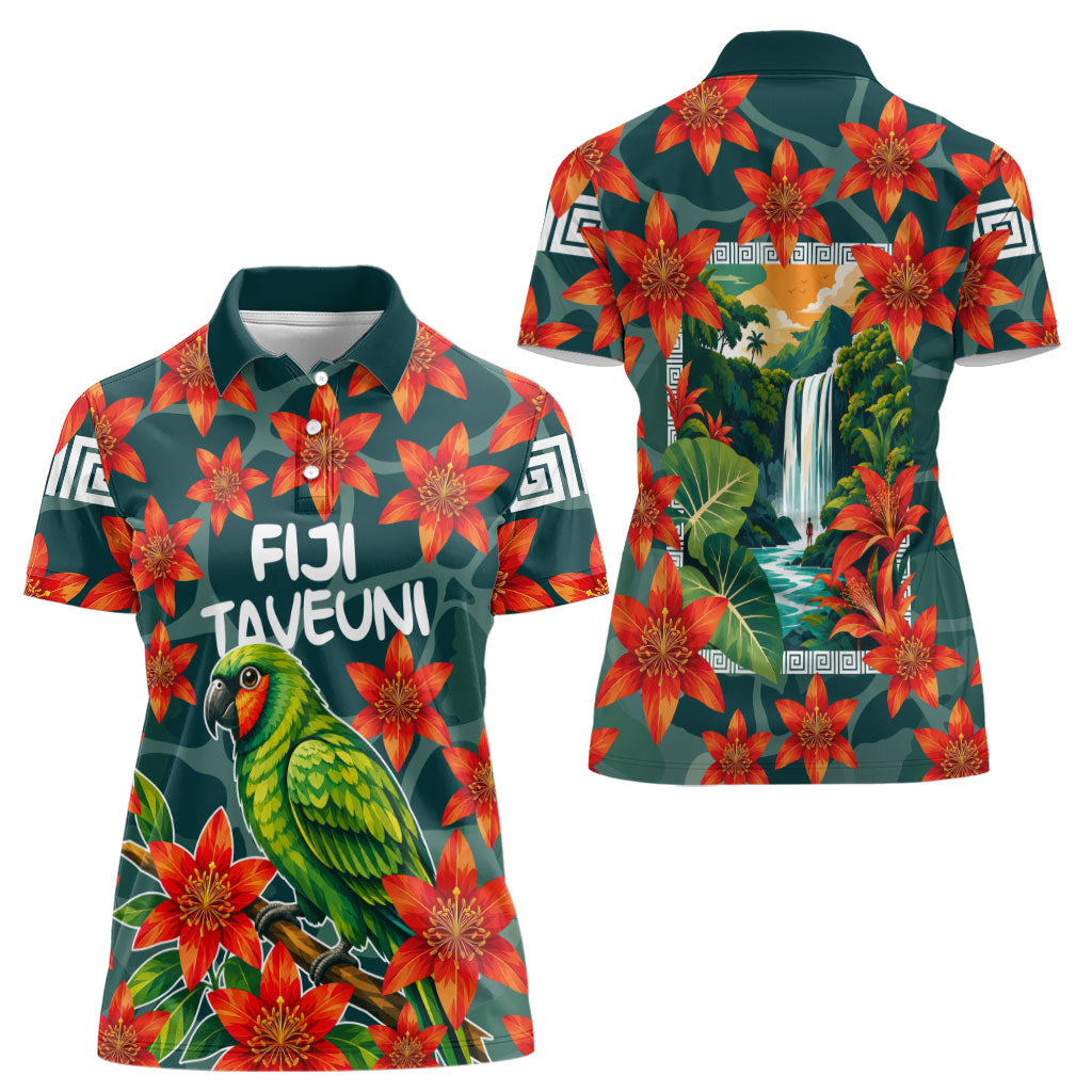 Fiji Taveuni Parrot Women Polo Shirt Tropical Waterfall Landscape With Floral Tribal Pattern