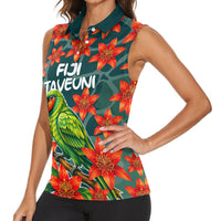 Fiji Taveuni Parrot Women Sleeveless Polo Shirt Tropical Waterfall Landscape With Floral Tribal Pattern