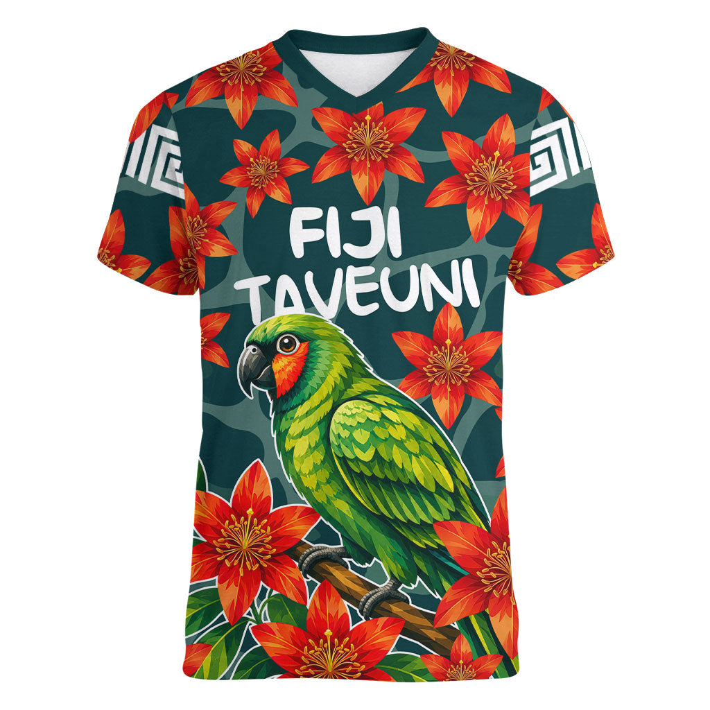 Fiji Taveuni Parrot Women V-Neck T-Shirt Tropical Waterfall Landscape With Floral Tribal Pattern