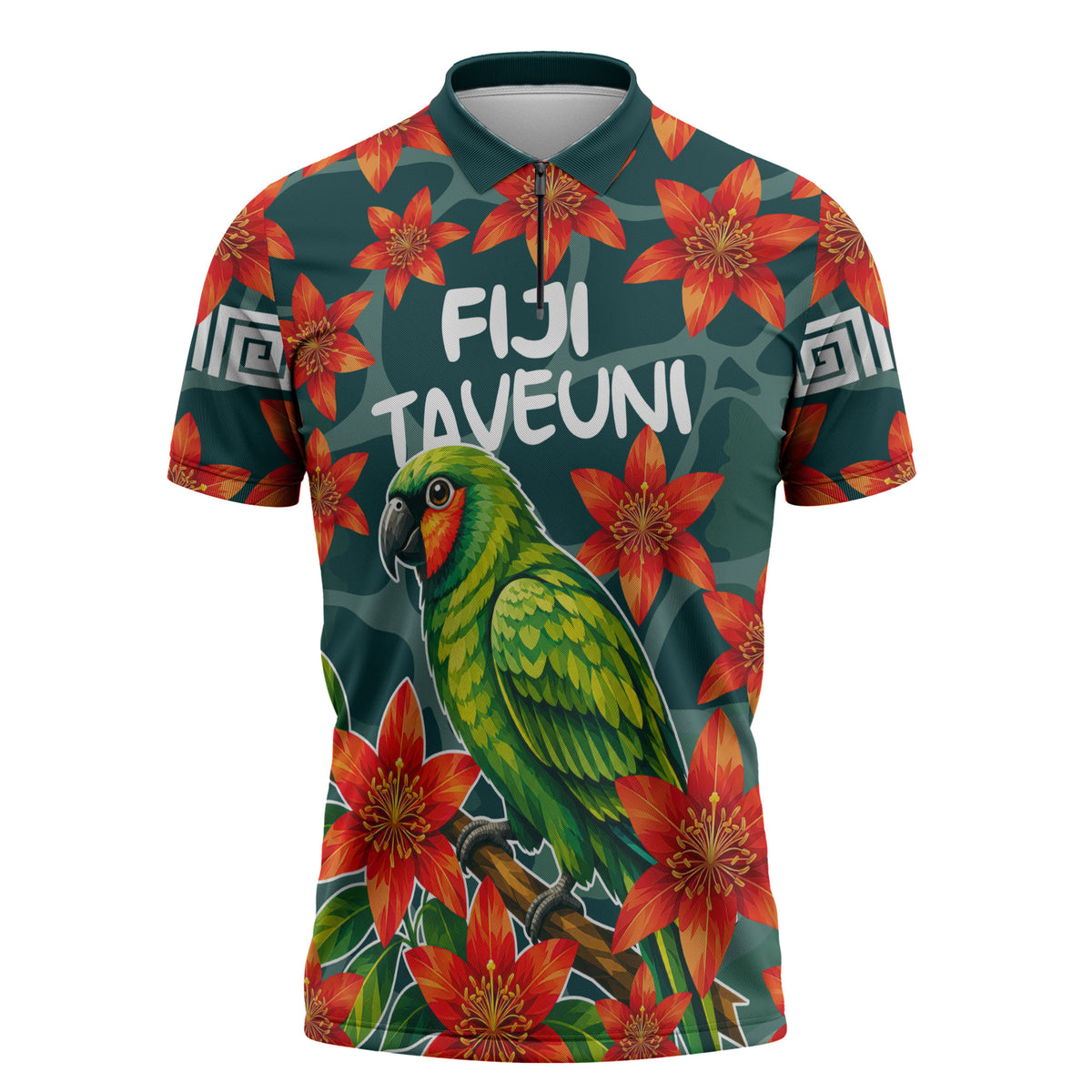 Fiji Taveuni Parrot Zipper Polo Shirt Tropical Waterfall Landscape With Floral Tribal Pattern