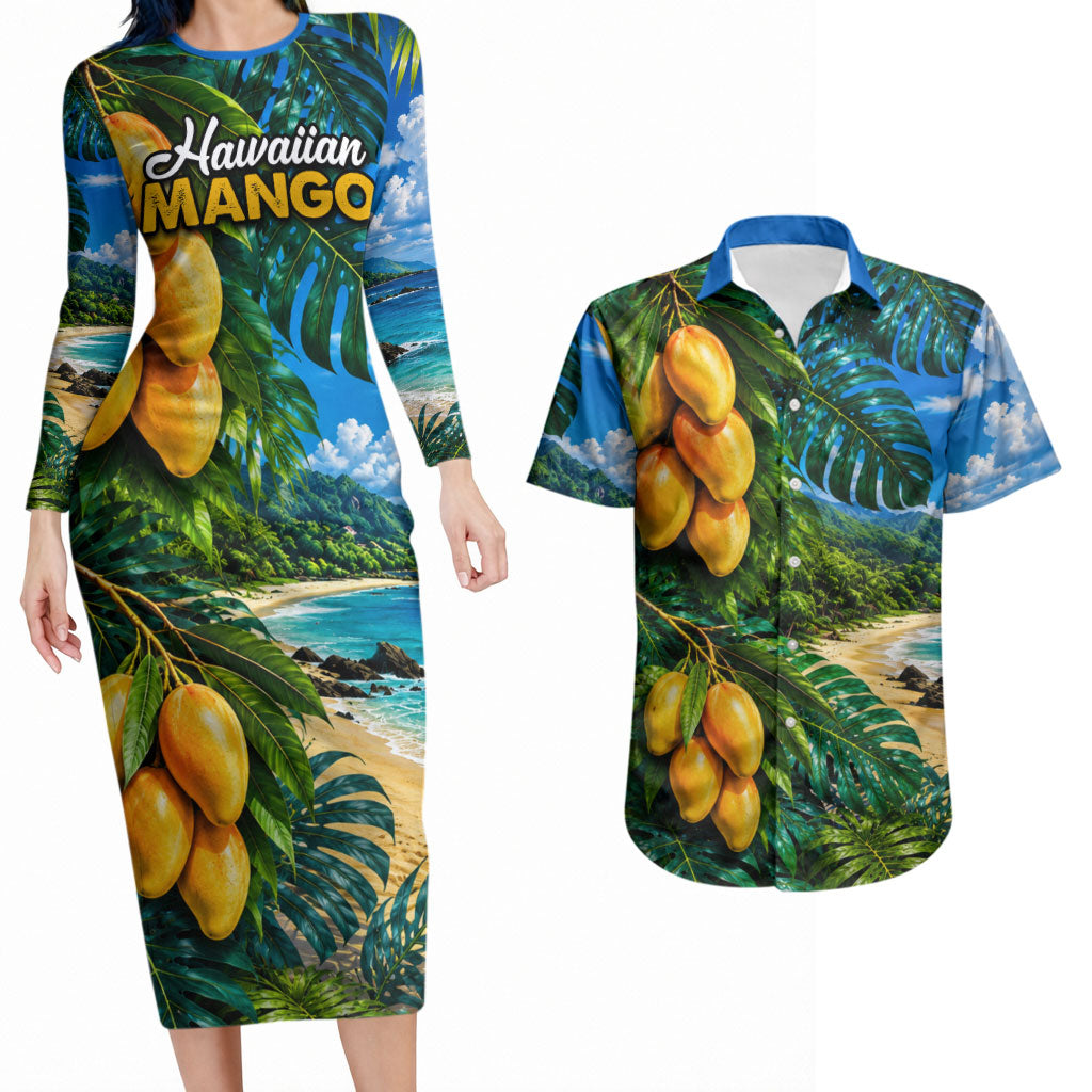Hawaiian Mango Tropical Beach Couples Matching Long Sleeve Bodycon Dress and Hawaiian Shirt Scenic Island Nature Exotic Fruit Graphic TS04 Blue Green - Polynesian Pride