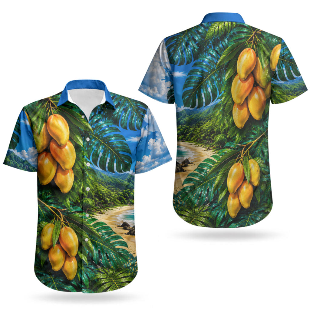 Hawaiian Mango Tropical Beach Couples Matching Long Sleeve Bodycon Dress and Hawaiian Shirt Scenic Island Nature Exotic Fruit Graphic TS04 - Polynesian Pride