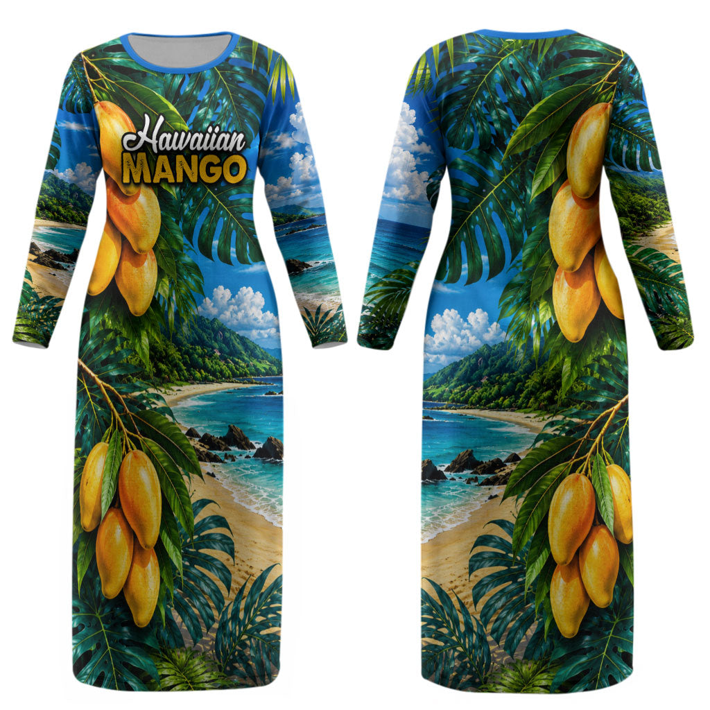 Hawaiian Mango Tropical Beach Couples Matching Long Sleeve Bodycon Dress and Hawaiian Shirt Scenic Island Nature Exotic Fruit Graphic TS04 - Polynesian Pride