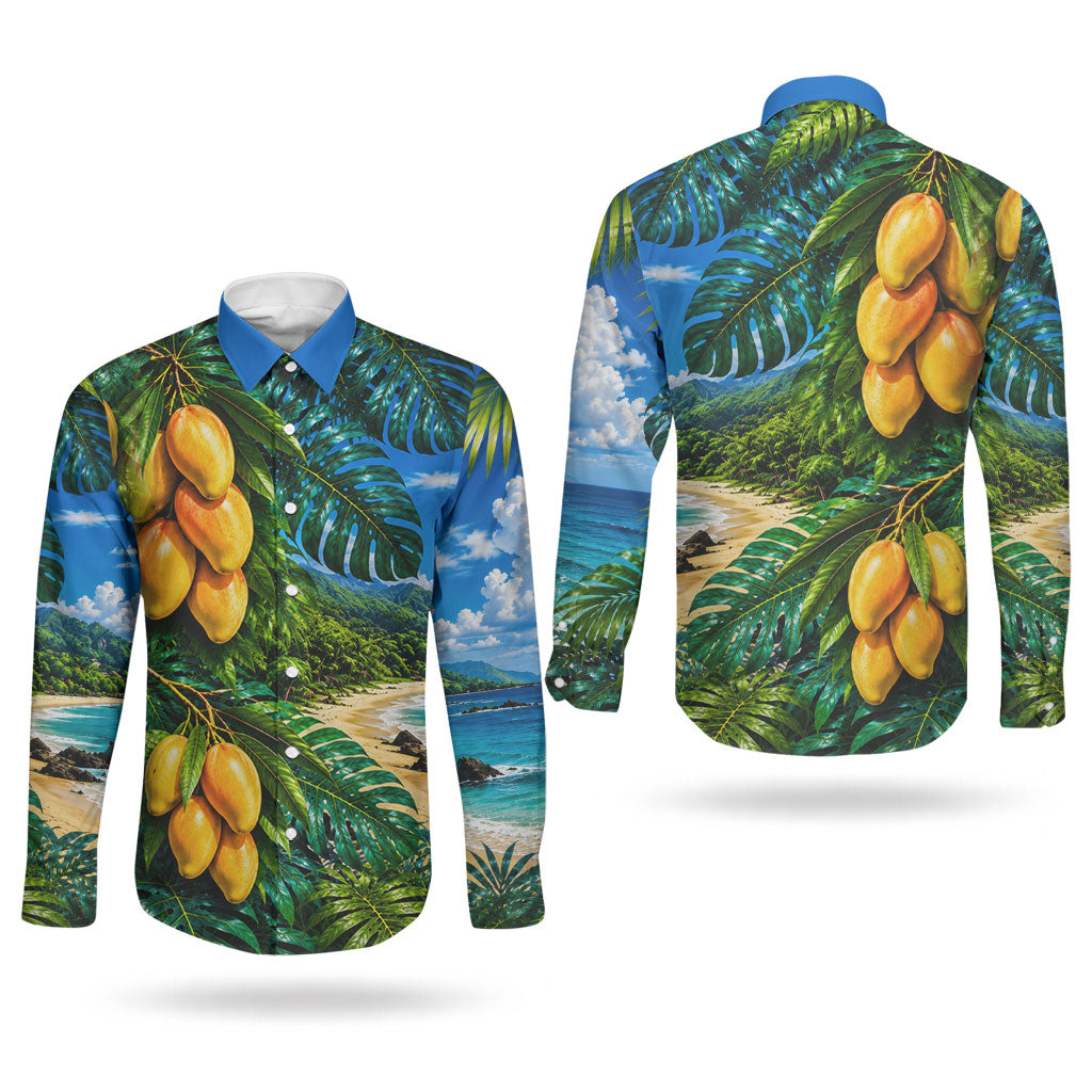 Hawaiian Mango Tropical Beach Couples Matching Long Sleeve Bodycon Dress and Long Sleeve Button Shirt Scenic Island Nature Exotic Fruit Graphic TS04 - Polynesian Pride