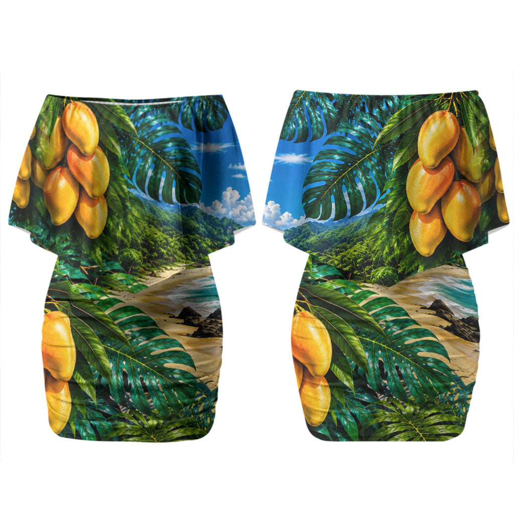 Hawaiian Mango Tropical Beach Couples Matching Off Shoulder Short Dress and Long Sleeve Button Shirt Scenic Island Nature Exotic Fruit Graphic TS04 - Polynesian Pride