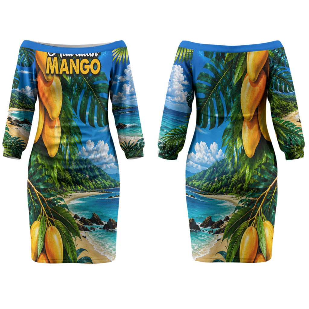 Hawaiian Mango Tropical Beach Couples Matching Off The Shoulder Long Sleeve Dress and Hawaiian Shirt Scenic Island Nature Exotic Fruit Graphic TS04 - Polynesian Pride
