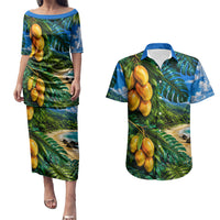 Hawaiian Mango Tropical Beach Couples Matching Puletasi and Hawaiian Shirt Scenic Island Nature Exotic Fruit Graphic TS04 Blue Green - Polynesian Pride