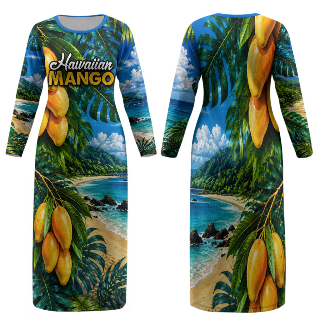 Hawaiian Mango Tropical Beach Family Matching Long Sleeve Bodycon Dress and Hawaiian Shirt Scenic Island Nature Exotic Fruit Graphic TS04 Mom's Dress Blue Green - Polynesian Pride
