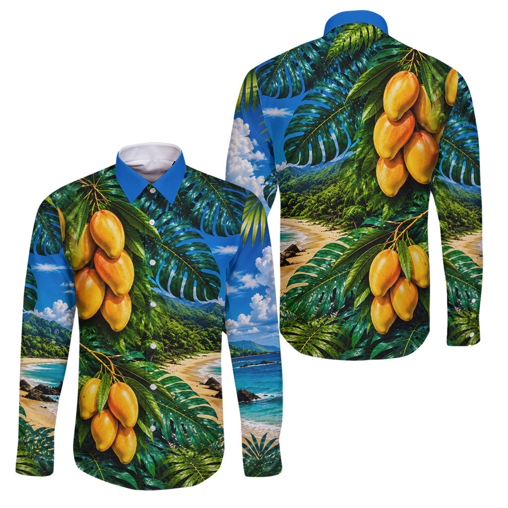 Hawaiian Mango Tropical Beach Family Matching Off Shoulder Maxi Dress and Hawaiian Shirt Scenic Island Nature Exotic Fruit Graphic TS04 Dad's Shirt - Long Sleeve Blue Green - Polynesian Pride