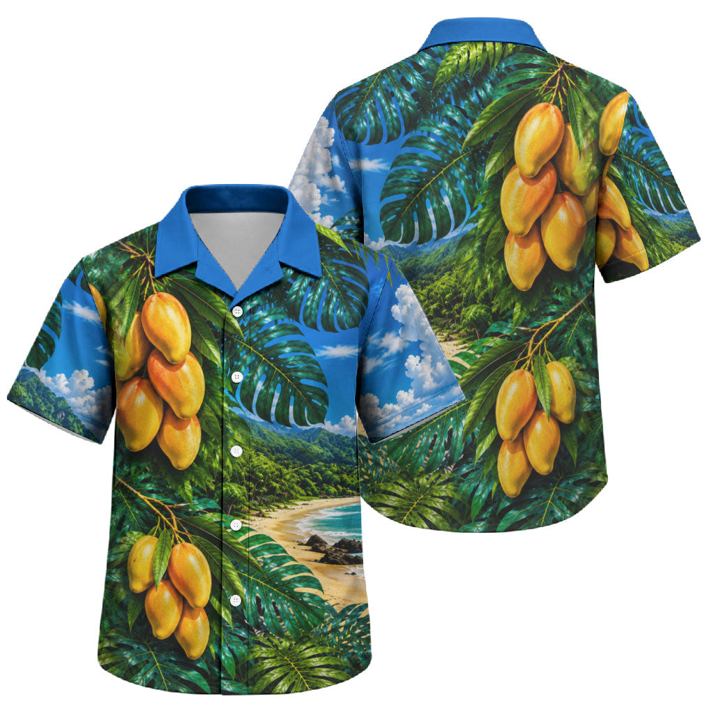 Hawaiian Mango Tropical Beach Family Matching Off Shoulder Short Dress and Hawaiian Shirt Scenic Island Nature Exotic Fruit Graphic TS04 Son's Shirt Blue Green - Polynesian Pride