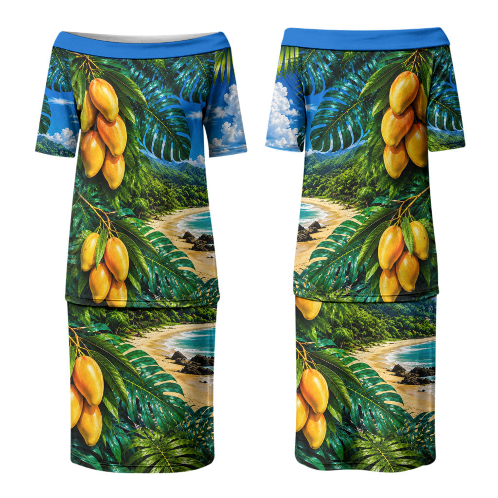 Hawaiian Mango Tropical Beach Family Matching Puletasi and Hawaiian Shirt Scenic Island Nature Exotic Fruit Graphic TS04 Mom's Dress Blue Green - Polynesian Pride