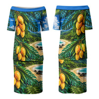 Hawaiian Mango Tropical Beach Family Matching Puletasi and Hawaiian Shirt Scenic Island Nature Exotic Fruit Graphic TS04 Mom's Dress Blue Green - Polynesian Pride