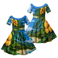 Hawaiian Mango Tropical Beach Family Matching Puletasi and Hawaiian Shirt Scenic Island Nature Exotic Fruit Graphic TS04 Daughter's Dress Blue Green - Polynesian Pride