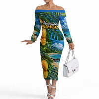 Hawaiian Mango Tropical Beach Off The Shoulder Long Sleeve Dress Scenic Island Nature Exotic Fruit Graphic TS04 Women Blue Green - Polynesian Pride
