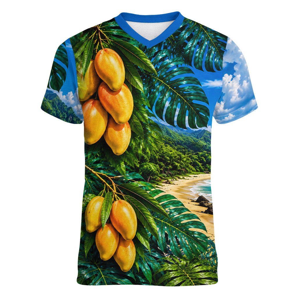 Hawaiian Mango Tropical Beach Women V-Neck T-Shirt Scenic Island Nature Exotic Fruit Graphic TS04 Female Blue Green - Polynesian Pride