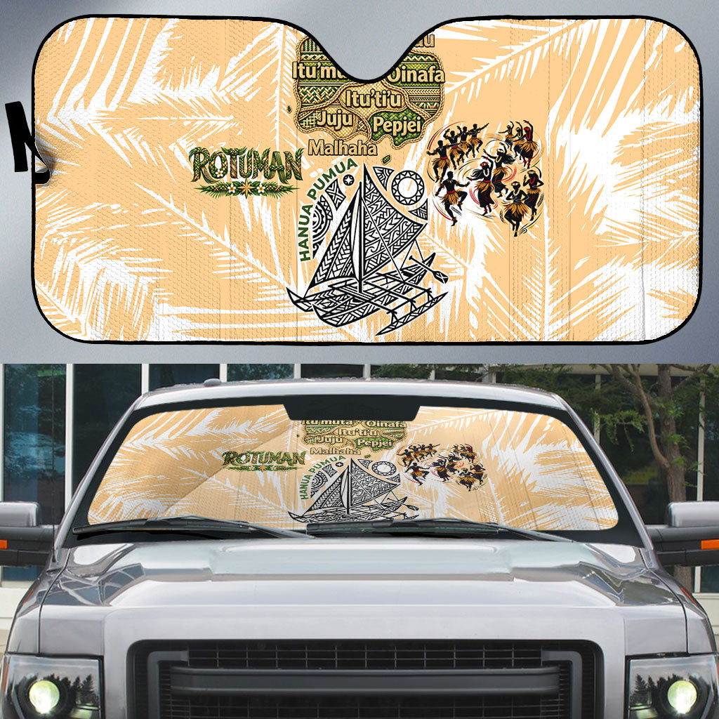 Rotuman Culture Island Pride Auto Sun Shade Traditional Polynesian Tribal Pattern With Island Map TS04 Yellow Beige - Polynesian Pride