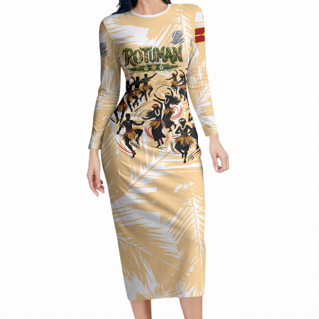 Rotuman Culture Island Pride Long Sleeve Bodycon Dress Traditional Polynesian Tribal Pattern With Island Map TS04 Long Dress Yellow Beige - Polynesian Pride