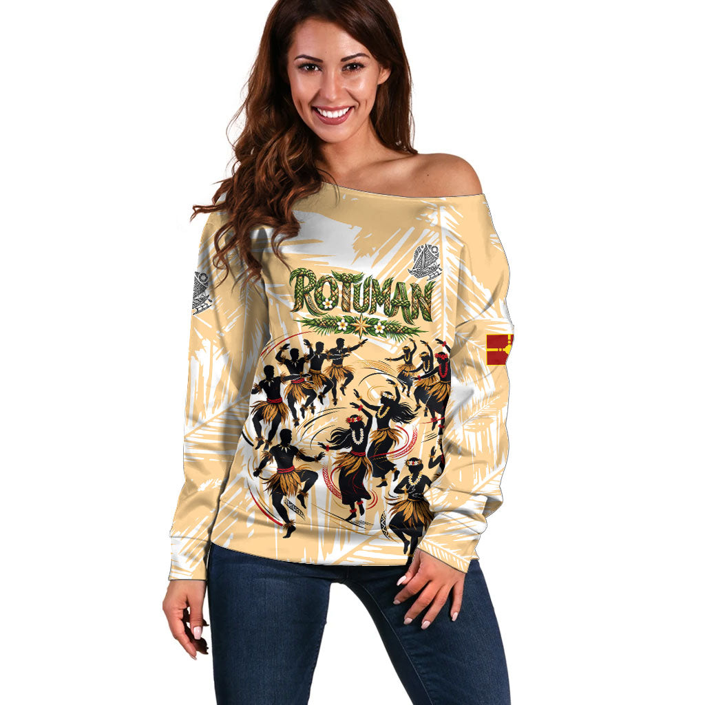 Rotuman Culture Island Pride Off Shoulder Sweater Traditional Polynesian Tribal Pattern With Island Map TS04 Women Yellow Beige - Polynesian Pride