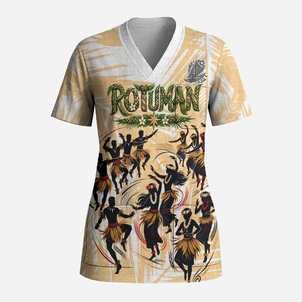 Rotuman Culture Island Pride Scrub Top Traditional Polynesian Tribal Pattern With Island Map TS04 Adult Yellow Beige - Polynesian Pride