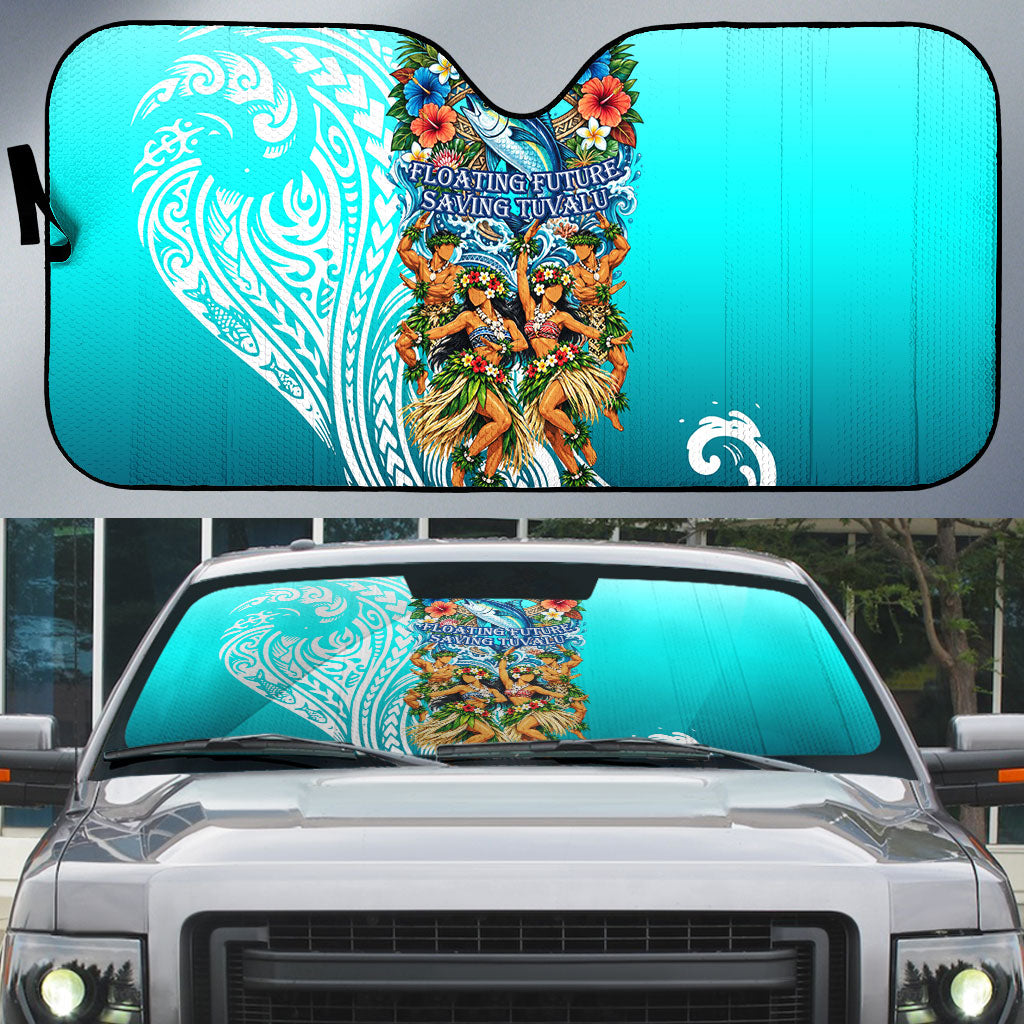 Floating Future Saving Tuvalu Auto Sun Shade Ocean Blue Pacific Polynesian Cultural Art Marine Wildlife TS04 Blue White - Polynesian Pride