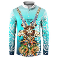 Floating Future Saving Tuvalu Button Sweatshirt Ocean Blue Pacific Polynesian Cultural Art Marine Wildlife TS04 Blue White - Polynesian Pride