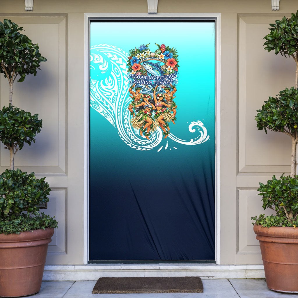 Floating Future Saving Tuvalu Door Cover Ocean Blue Pacific Polynesian Cultural Art Marine Wildlife TS04 Blue White - Polynesian Pride