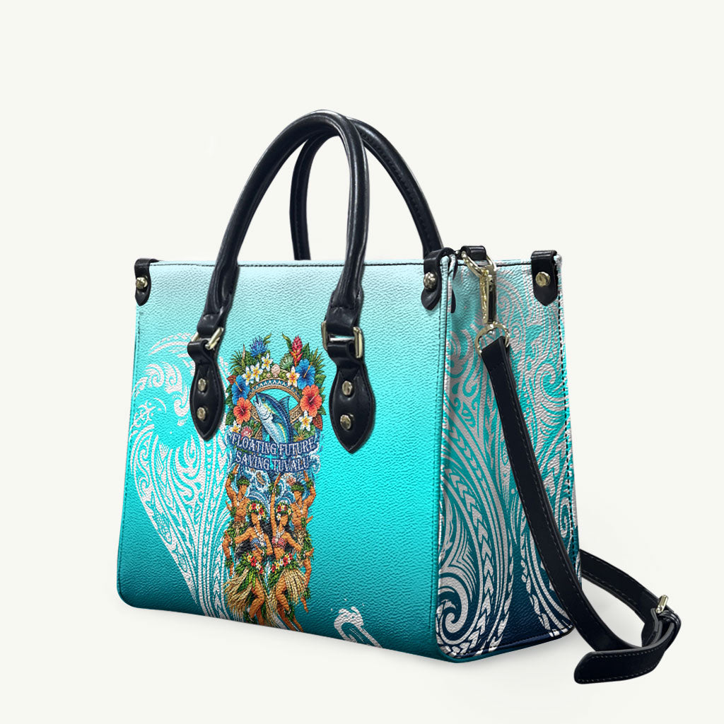 Floating Future Saving Tuvalu Leather Bag Ocean Blue Pacific Polynesian Cultural Art Marine Wildlife TS04 Blue White - Polynesian Pride