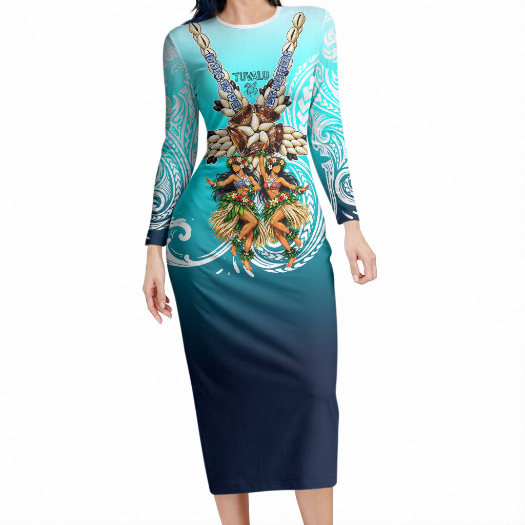 Floating Future Saving Tuvalu Long Sleeve Bodycon Dress Ocean Blue Pacific Polynesian Cultural Art Marine Wildlife TS04 Long Dress Blue White - Polynesian Pride