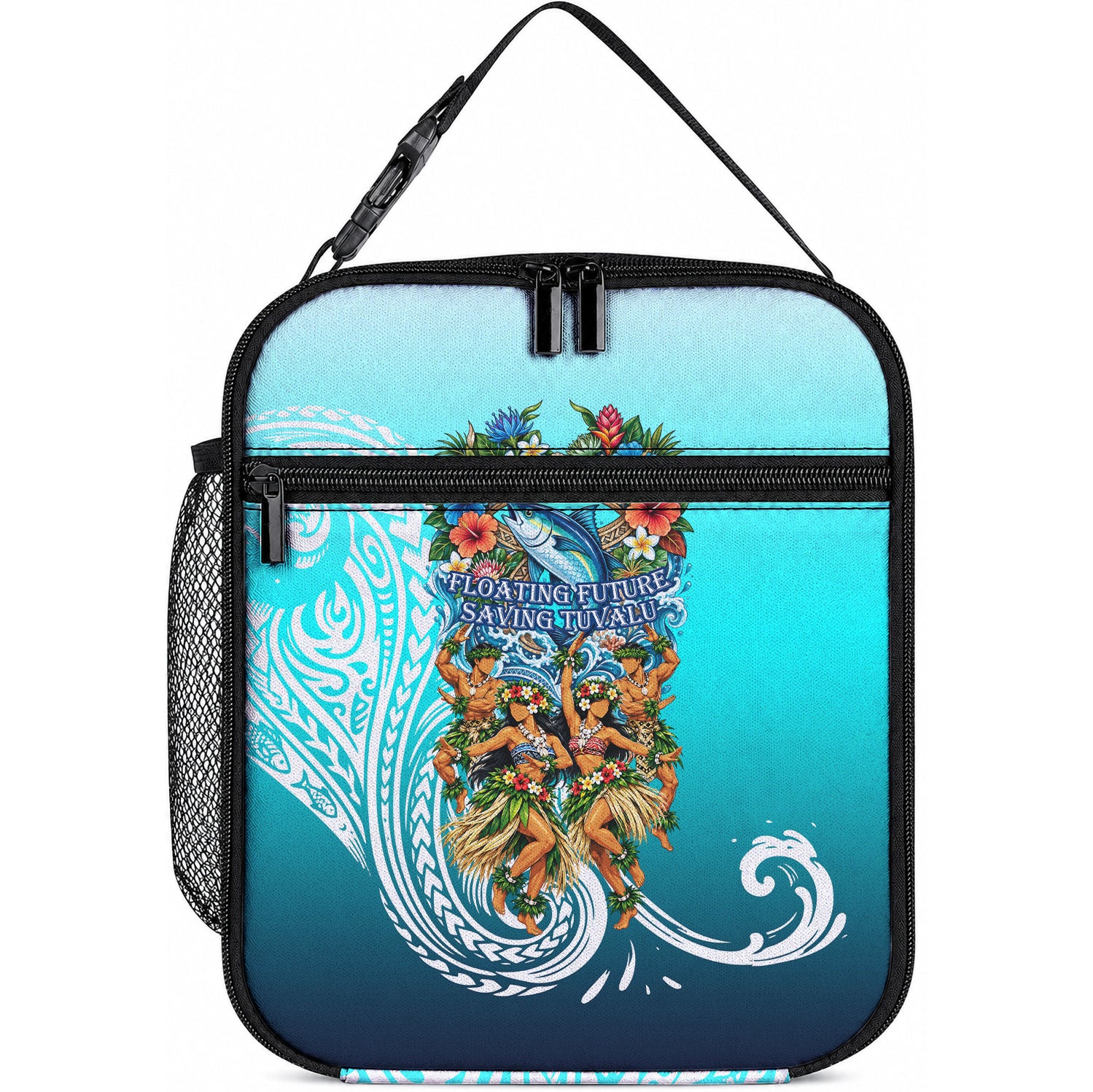 Floating Future Saving Tuvalu Lunch Bag Ocean Blue Pacific Polynesian Cultural Art Marine Wildlife TS04 10.2 × 8.3 × 4.3 inch Blue White - Polynesian Pride