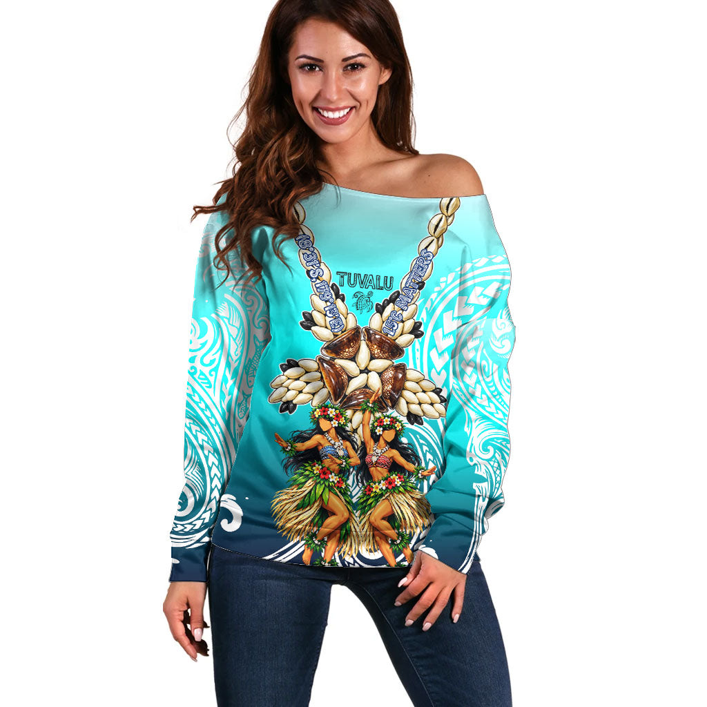 Floating Future Saving Tuvalu Off Shoulder Sweater Ocean Blue Pacific Polynesian Cultural Art Marine Wildlife TS04 Women Blue White - Polynesian Pride