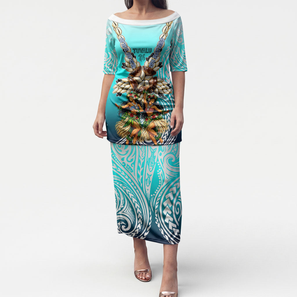 Floating Future Saving Tuvalu Puletasi Ocean Blue Pacific Polynesian Cultural Art Marine Wildlife TS04 Long Dress Blue White - Polynesian Pride