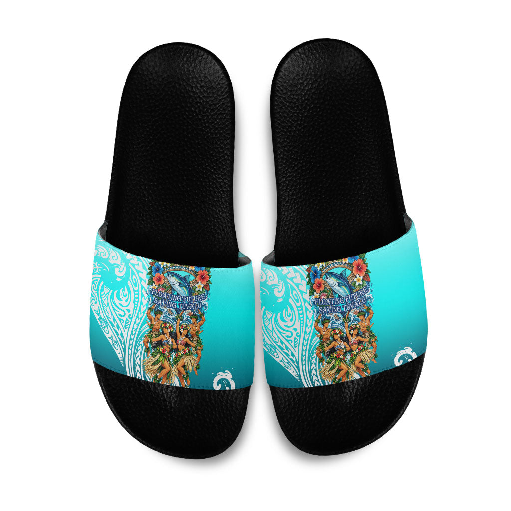 Floating Future Saving Tuvalu Slide Sandals Ocean Blue Pacific Polynesian Cultural Art Marine Wildlife TS04 Blue White - Polynesian Pride