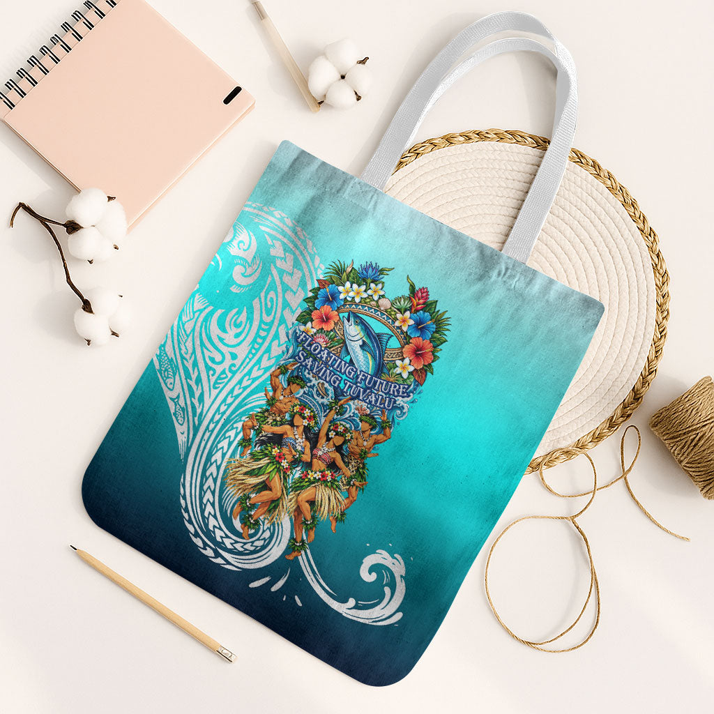 Floating Future Saving Tuvalu Tote Bag Ocean Blue Pacific Polynesian Cultural Art Marine Wildlife TS04 White Strap One Size Blue White - Polynesian Pride
