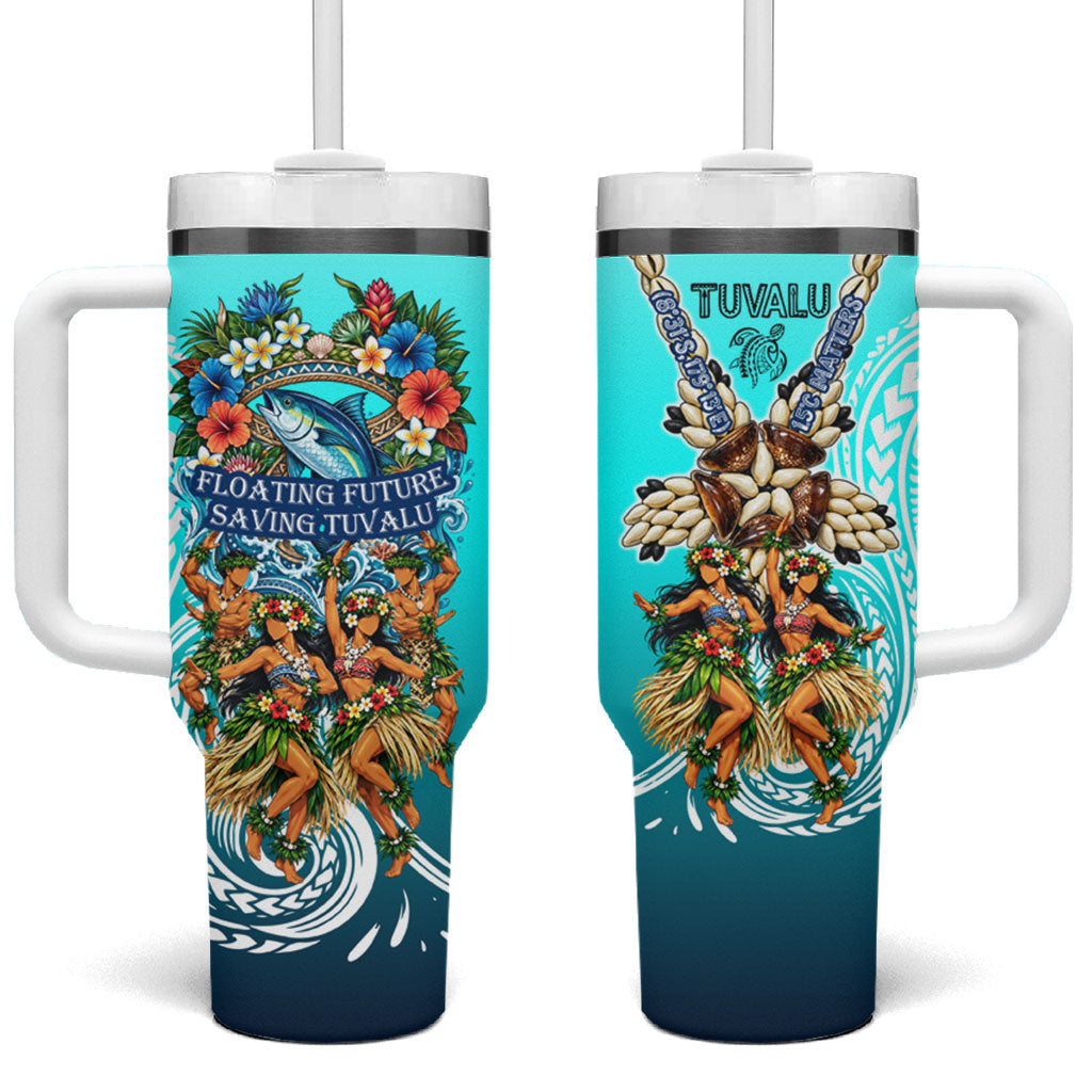 Floating Future Saving Tuvalu Tumbler With Handle Ocean Blue Pacific Polynesian Cultural Art Marine Wildlife TS04 One Size: 40 oz Blue White - Polynesian Pride
