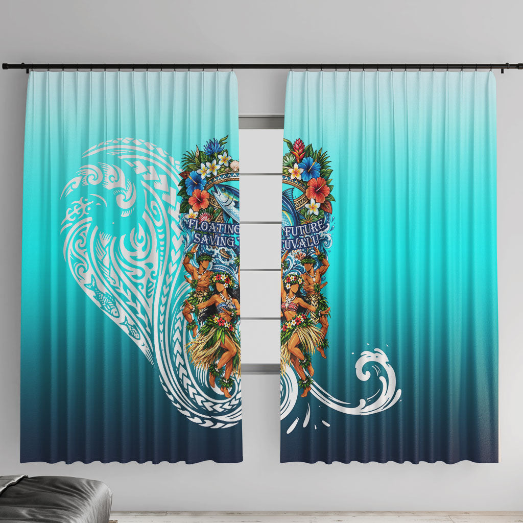 Floating Future Saving Tuvalu Window Curtain Ocean Blue Pacific Polynesian Cultural Art Marine Wildlife TS04 With Hooks Blue White - Polynesian Pride