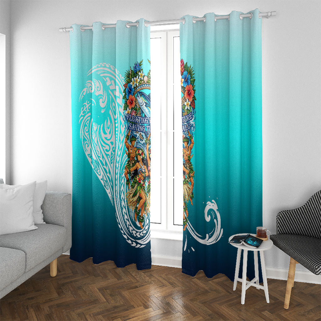Floating Future Saving Tuvalu Window Curtain Ocean Blue Pacific Polynesian Cultural Art Marine Wildlife TS04 With Grommets Blue White - Polynesian Pride