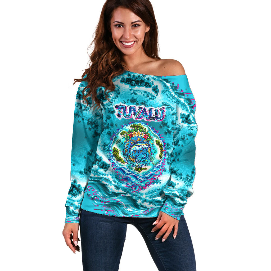 Tuvalu First Digital Nation In The Metaverse Off Shoulder Sweater Polynesian Island Atoll Cyber Ocean TS04 Women Blue White - Polynesian Pride