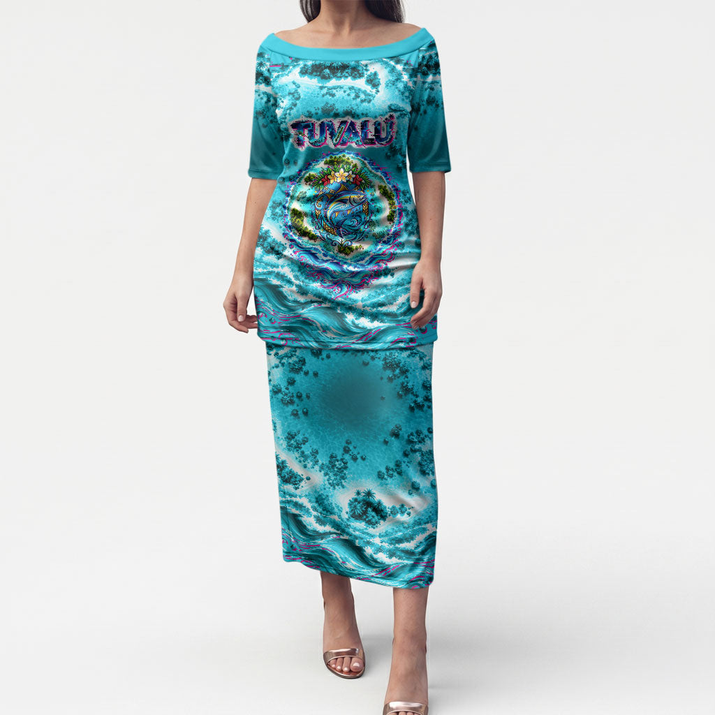 Tuvalu First Digital Nation In The Metaverse Puletasi Polynesian Island Atoll Cyber Ocean TS04 Long Dress Blue White - Polynesian Pride