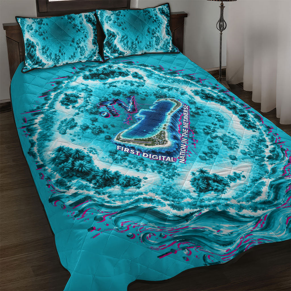 Tuvalu First Digital Nation In The Metaverse Quilt Bed Set Polynesian Island Atoll Cyber Ocean TS04 Blue White - Polynesian Pride