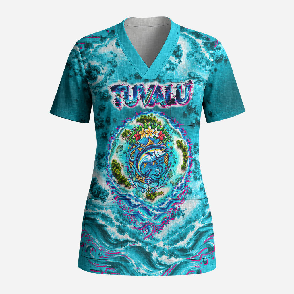 Tuvalu First Digital Nation In The Metaverse Scrub Top Polynesian Island Atoll Cyber Ocean TS04 Adult Blue White - Polynesian Pride