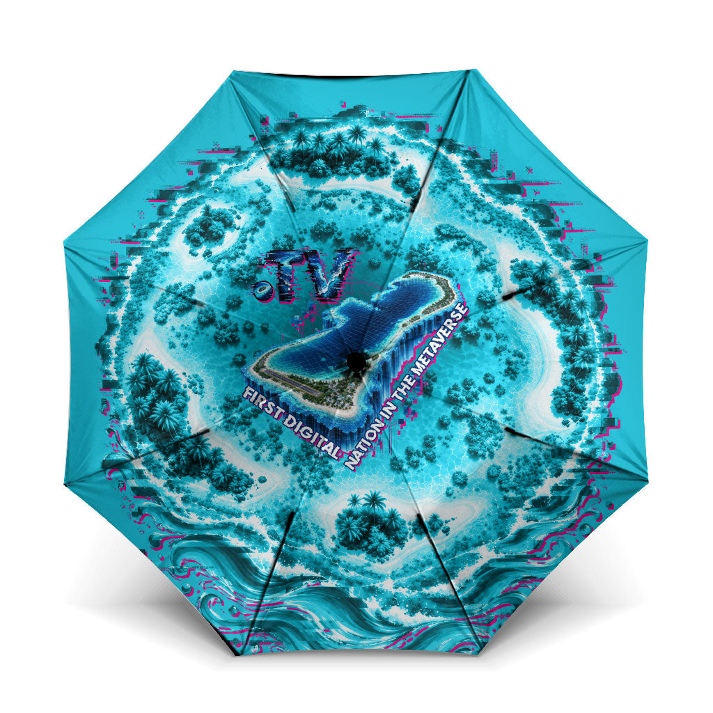 Tuvalu First Digital Nation In The Metaverse Umbrella Polynesian Island Atoll Cyber Ocean TS04 One Size Folded 11.42 inch Opened Diameter 37.4 inch Blue White - Polynesian Pride