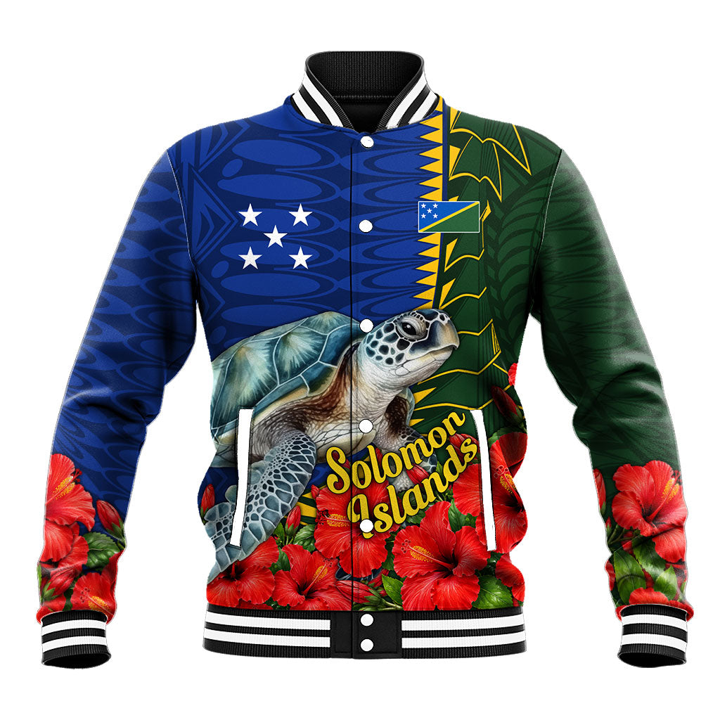 Solomon Islands Sea Turtle Baseball Jacket Patriotic Flag Coat Of Arms Tribal Hibiscus TS04 Unisex Blue Green - Polynesian Pride