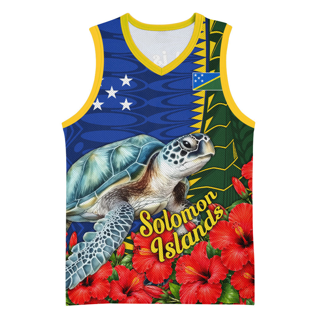 Solomon Islands Sea Turtle Basketball Jersey Patriotic Flag Coat Of Arms Tribal Hibiscus TS04 Unisex Blue Green - Polynesian Pride