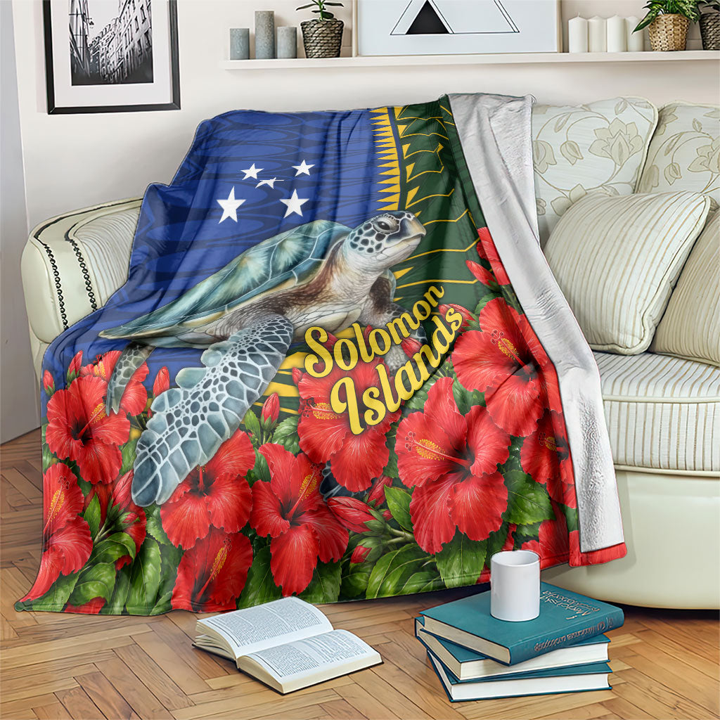 Solomon Islands Sea Turtle Blanket Patriotic Flag Coat Of Arms Tribal Hibiscus TS04 Blue Green - Polynesian Pride