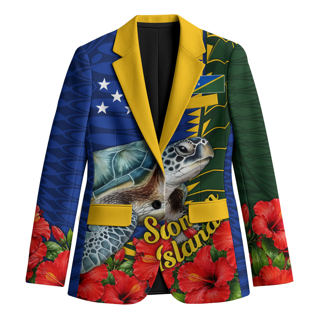 Solomon Islands Sea Turtle Blazer Patriotic Flag Coat Of Arms Tribal Hibiscus TS04 Unisex Blue Green - Polynesian Pride